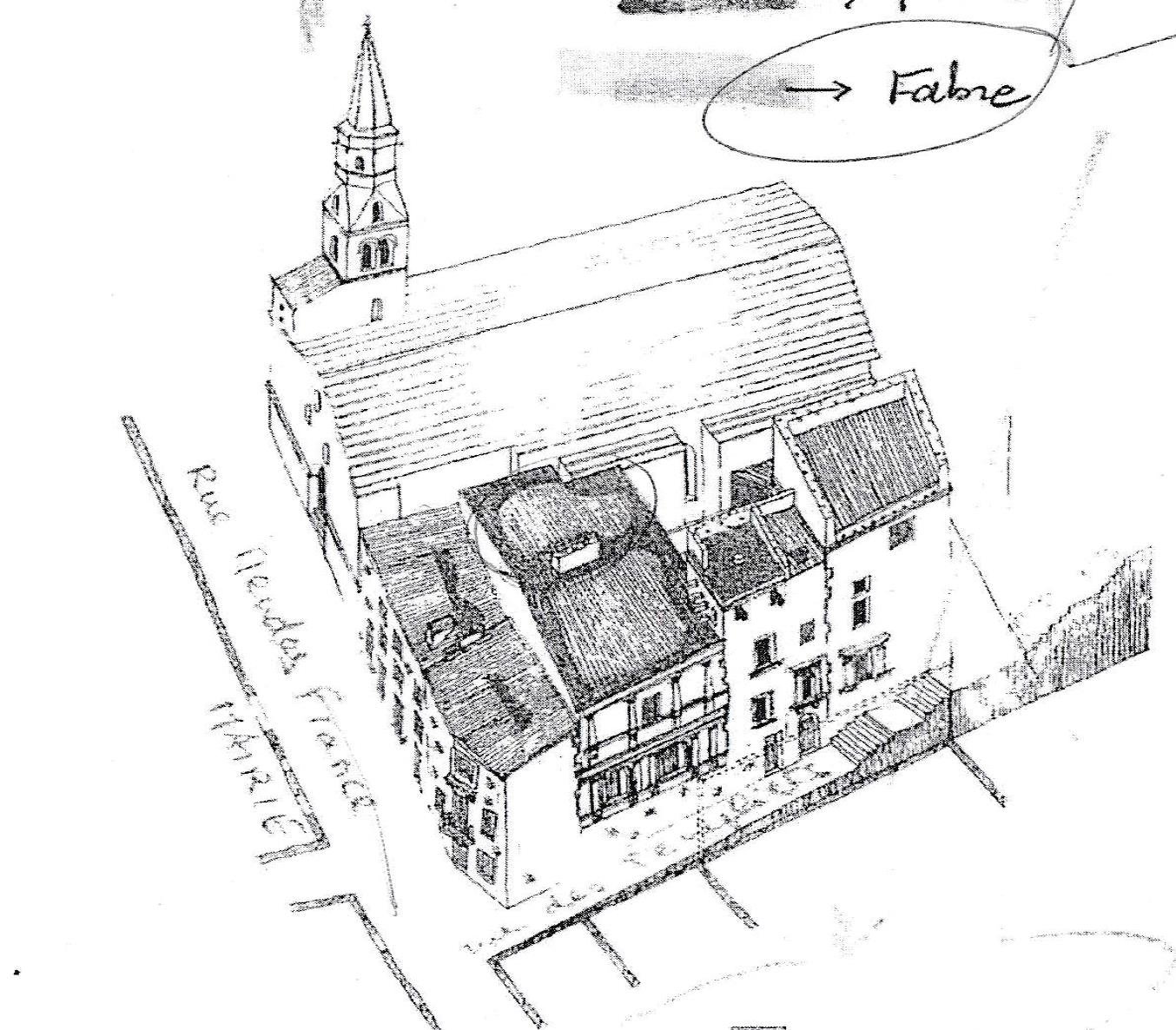 Croquis perspectif de l'ensemble bâti et de l'église